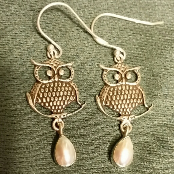 Hand Crafted Jewelry - .925 Silver Owl with Pearl Dangle Hook Earrings